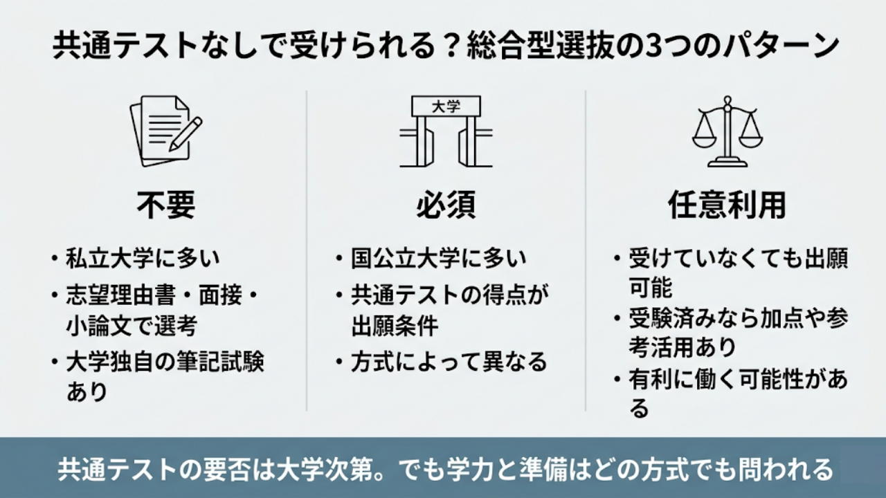 総合型選抜（旧AO入試）は共通テストなしで受けられる大学が多い