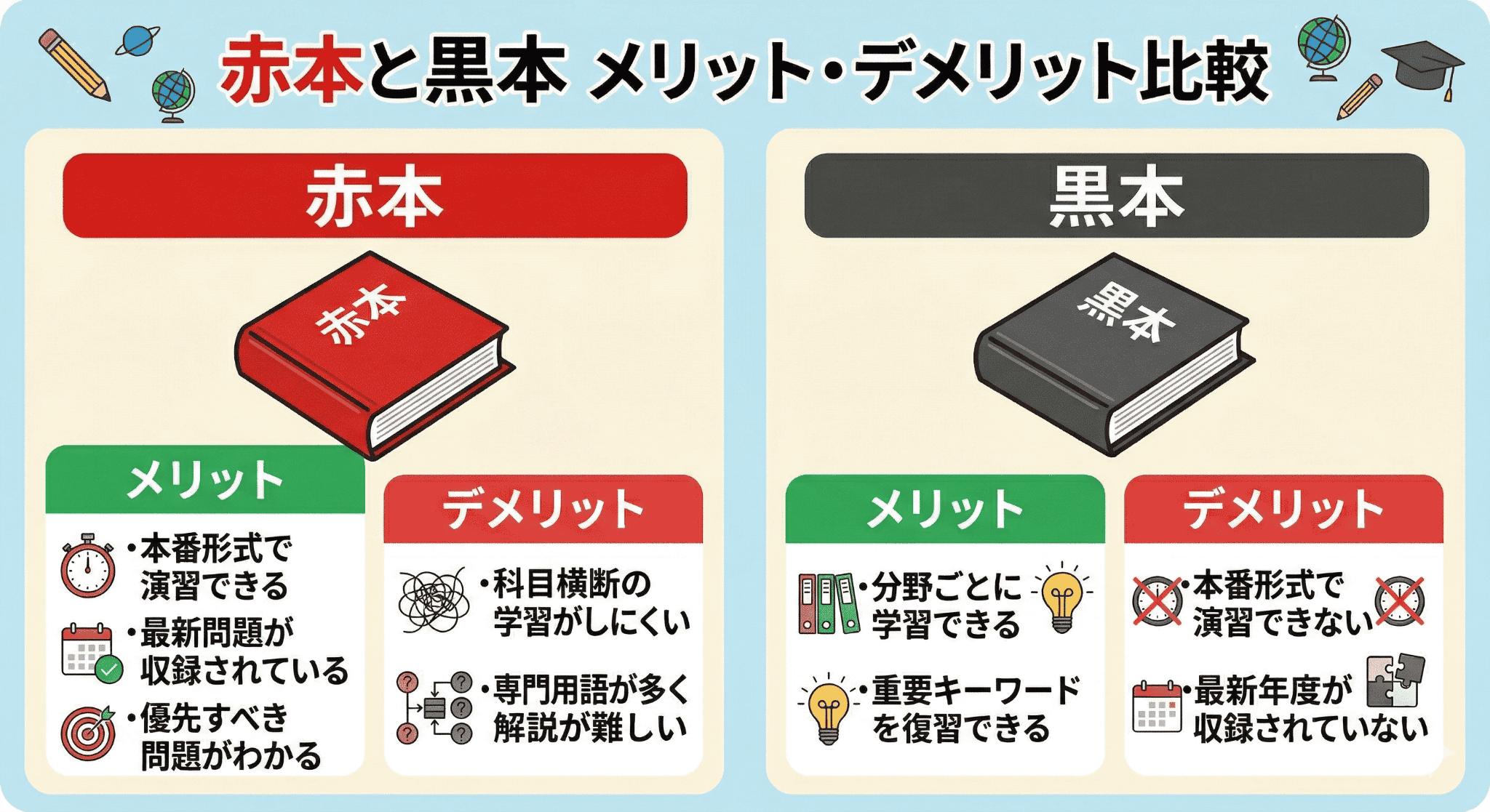 赤本と黒本のメリット・デメリットを比較、どっちが良いかを選べるように