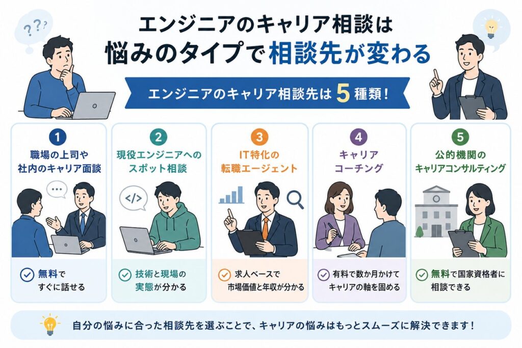 エンジニアのキャリア相談は悩みのタイプで相談先が変わる