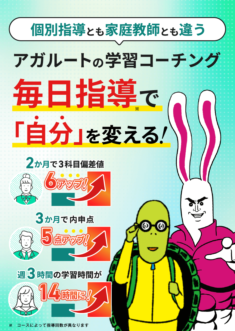 AGAROOT COACHING 個別指導とも家庭教師とも違う アガルートの学習コーチング 毎日指導で「自分」を変える! ・2カ月で3科目偏差値6アップ! ・3か月で内申点5点アップ! ・週3時間の学習時間が14時間に!