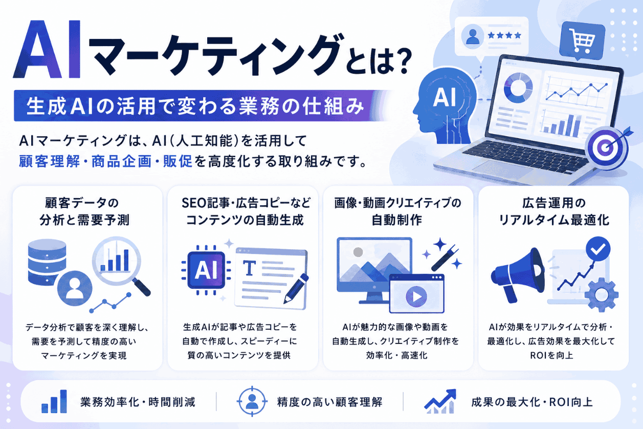 AIマーケティングとは？生成AIの活用で変わる業務の仕組み
AIマーケティングは、AI(人工知能)を活用して顧客理解・商品企画・販促を高度化する取り組みです。
