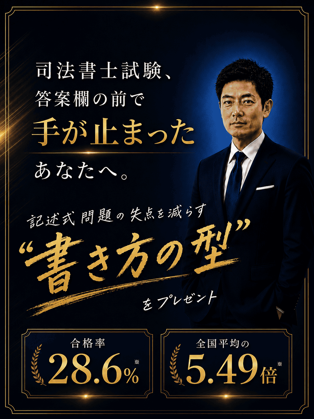アガルート司法書士講座のファーストビュー。司法書士試験、答案欄の前で手が止まったあなたへ。記述式問題の失点を減らす書き方の型をプレゼント。合格率28.6%（有料受講生の合格実績）、全国平均の5.49倍。