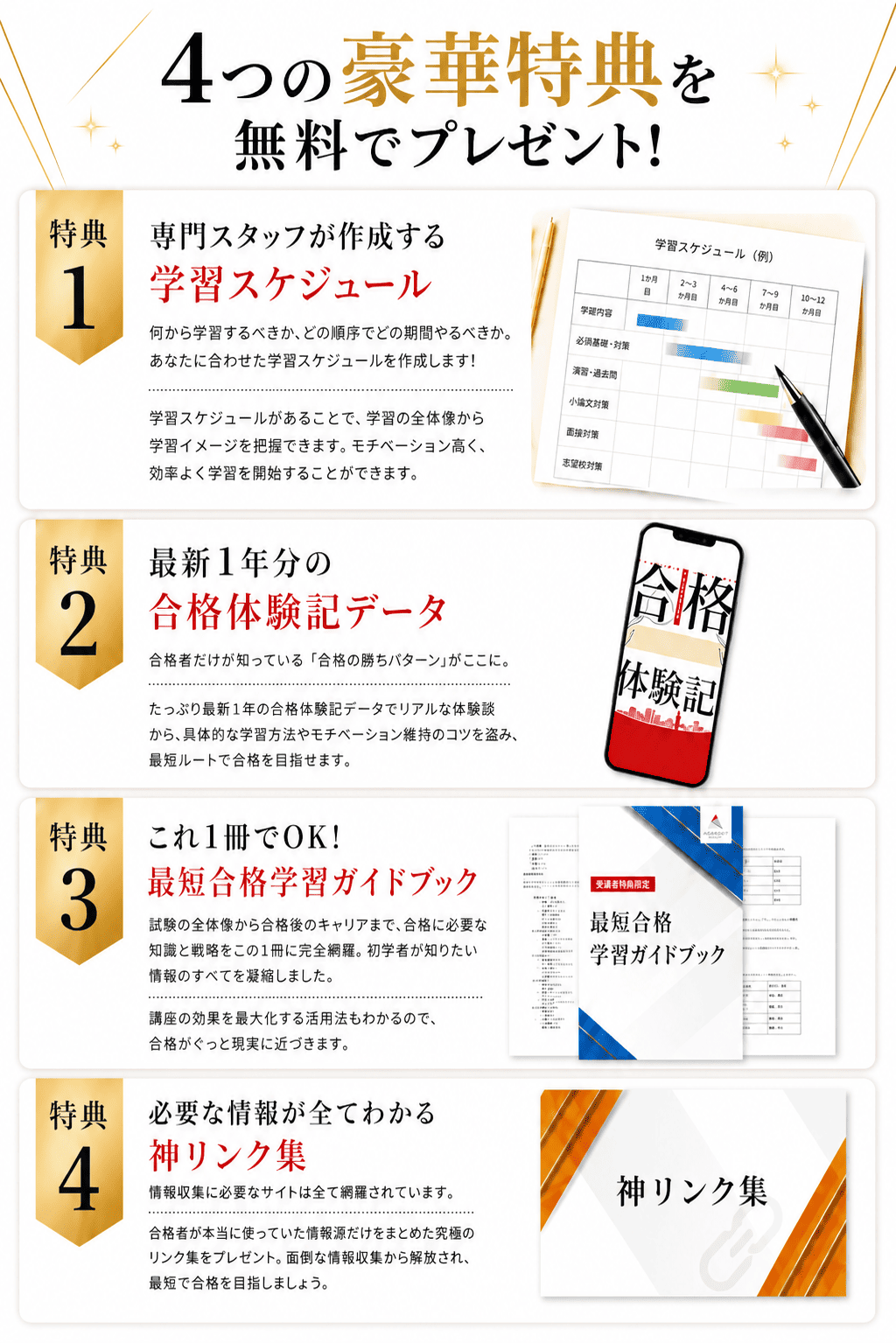電話・ZOOMでの無料受講相談で受け取れる特典。あなた専用の学習スケジュール、最新1年分の合格体験記データ、最短合格学習ガイドブック、合格者が使っていた情報源をまとめた神リンク集。