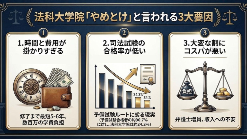 法科大学院に「やめとけ」と言われる3大要因（時間・費用、合格率、コスパ）をまとめたインフォグラフィック