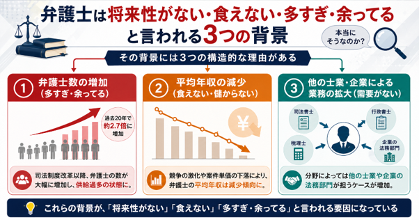 弁護士が将来性がない・食えないと言われる3つの背景（弁護士数の増加、平均年収の減少、他士業との競合）を解説する図解