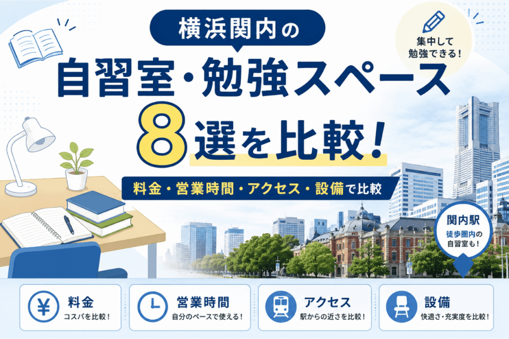 横浜関内の自習室・勉強スペース8選を比較!横浜関内エリアで利用できる自習室・勉強スペース8選を、料金・営業時間・アクセス・設備で比較しました。