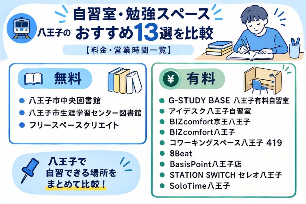 八王子の自習室・勉強スペースおすすめ13選を比較【料金・営業時間一覧】