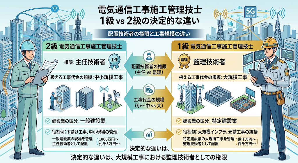 電気通信工事施工管理技士1級と2級の決定的な違い